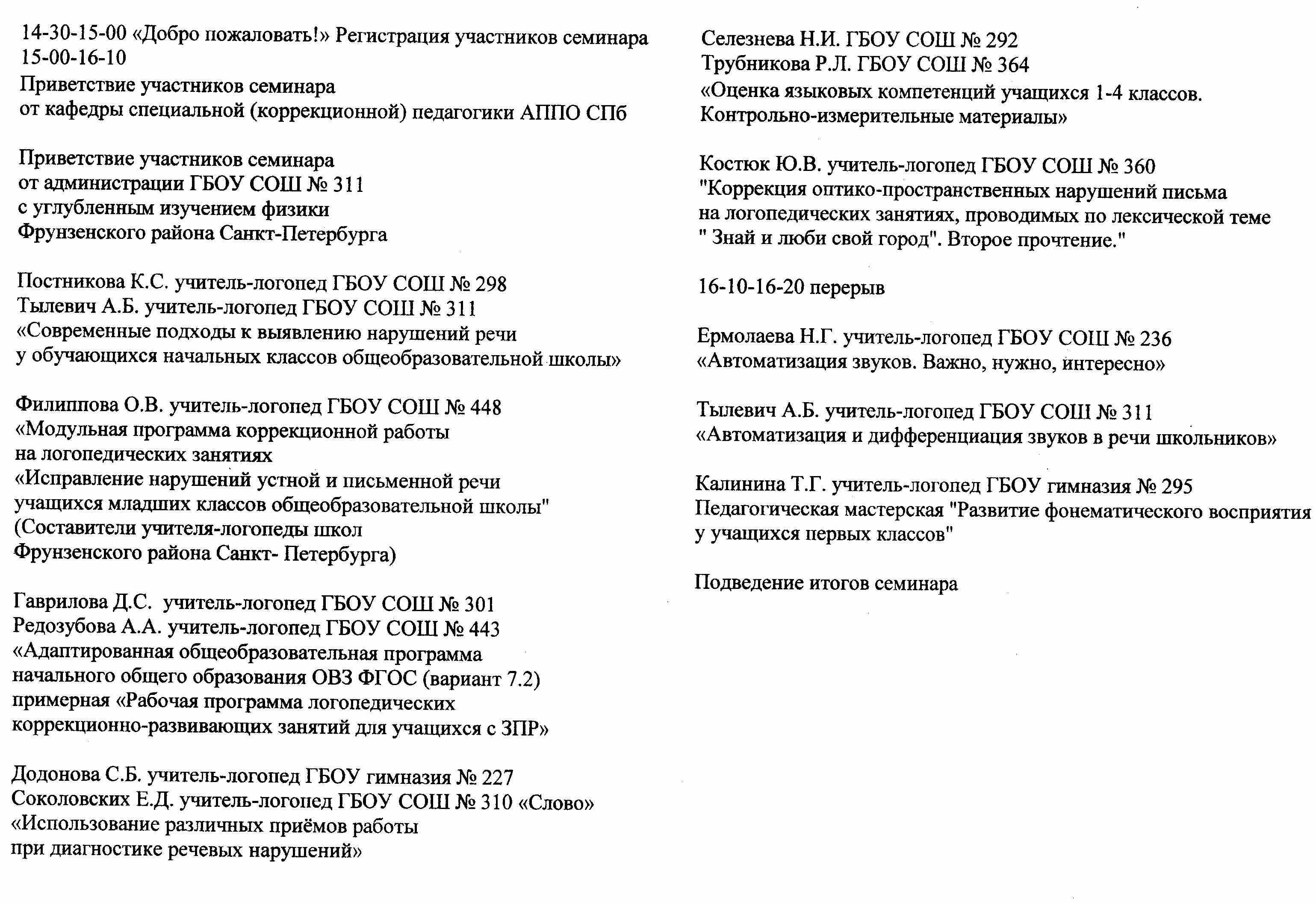 Городской семинар для учителей-логопедов школ г.Санкт-Петербурга